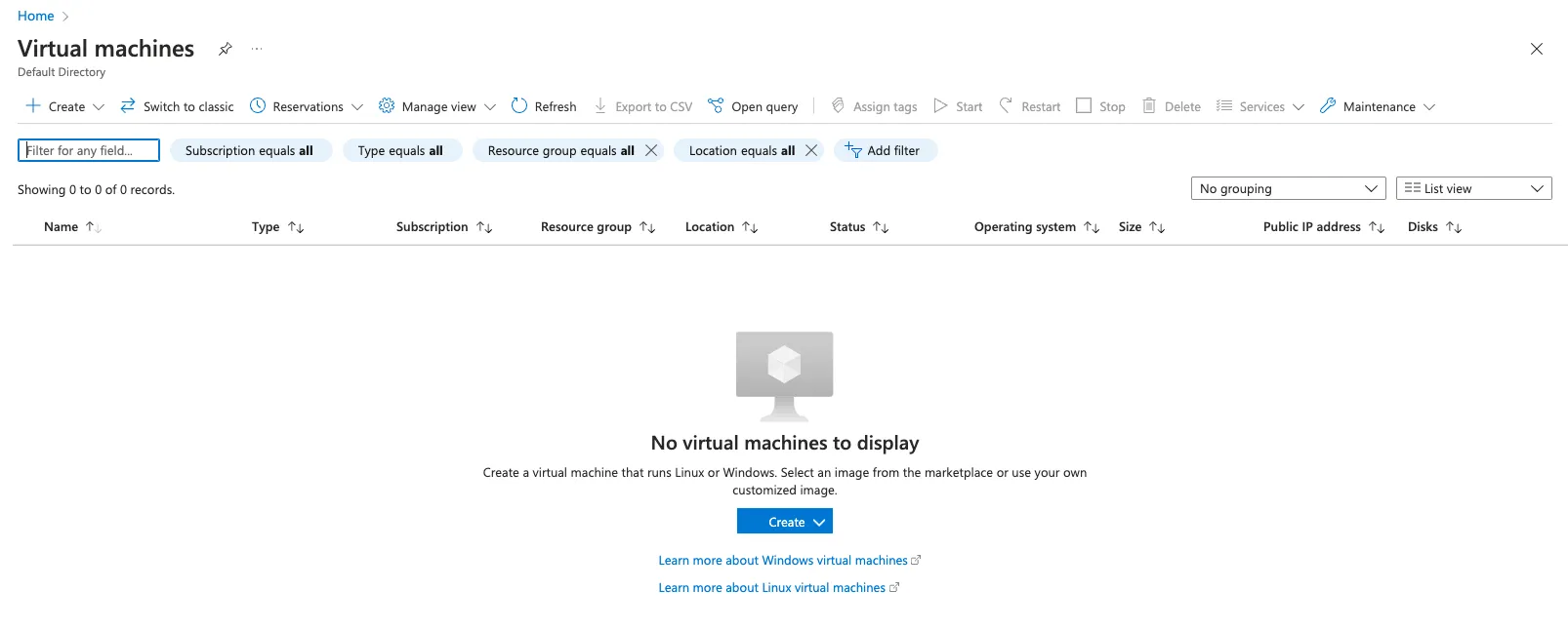 Virtual machines dashboard