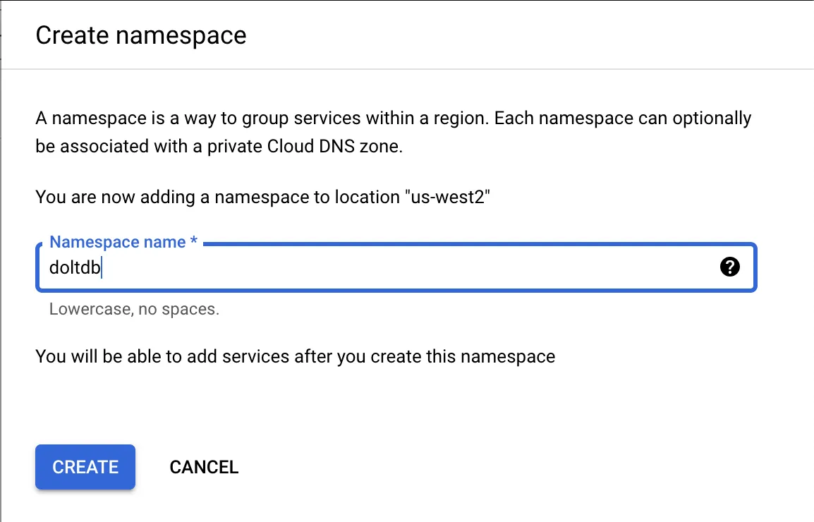 Create Namespace Dialog
