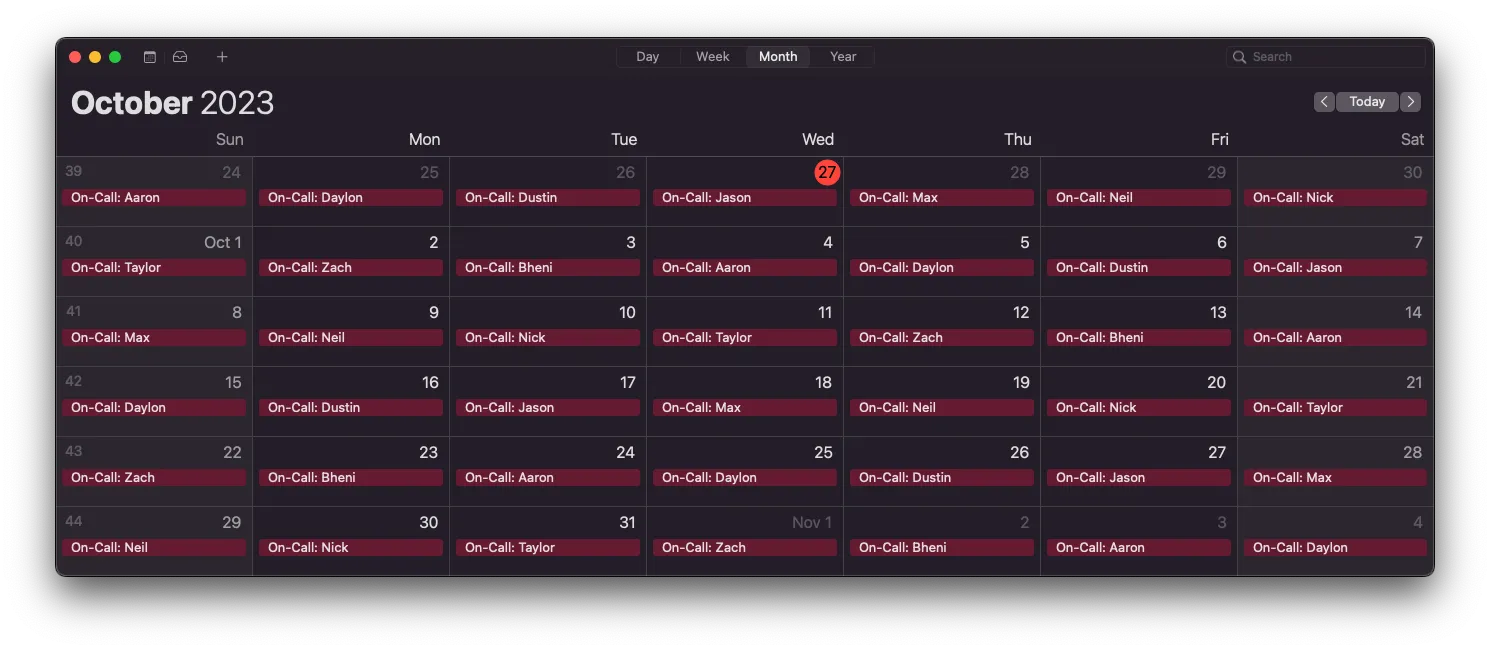 Mac Calendar now shows our oncall schedule