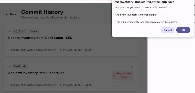 v0.app: Dolt reset action