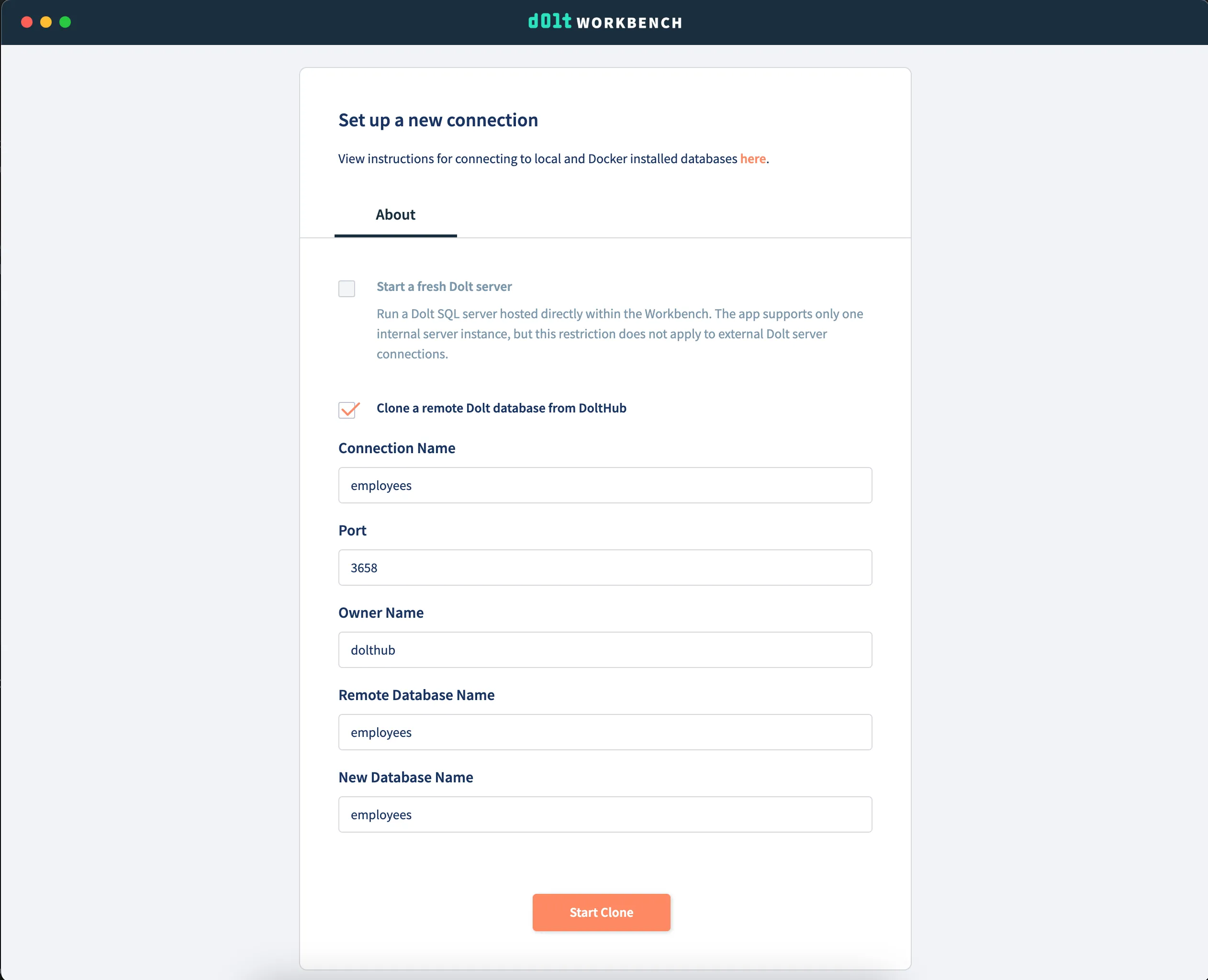Clone from Dolt Workbench