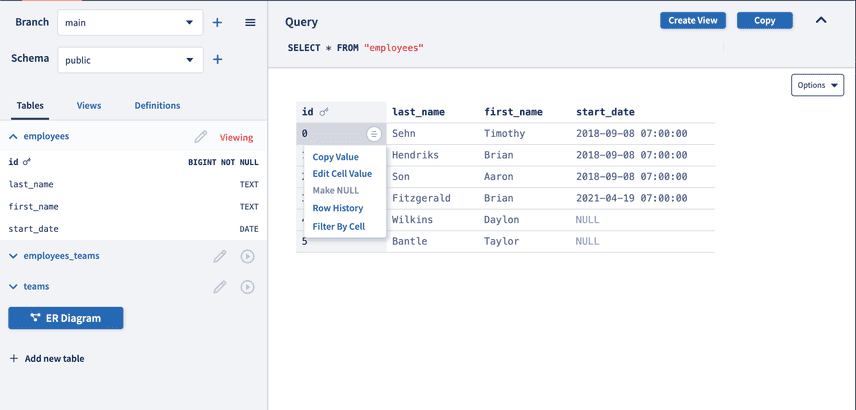 Row diff history button