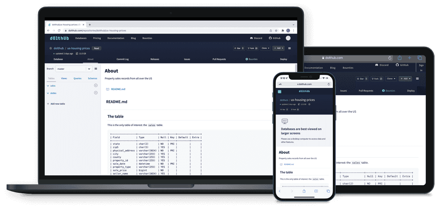 DoltHub on desktop and mobile