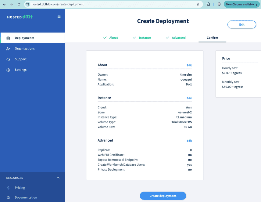 Hosted Dolt Create Deployment Summary