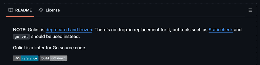 Screenshot of golint being deprecated and frozen and having no replacement